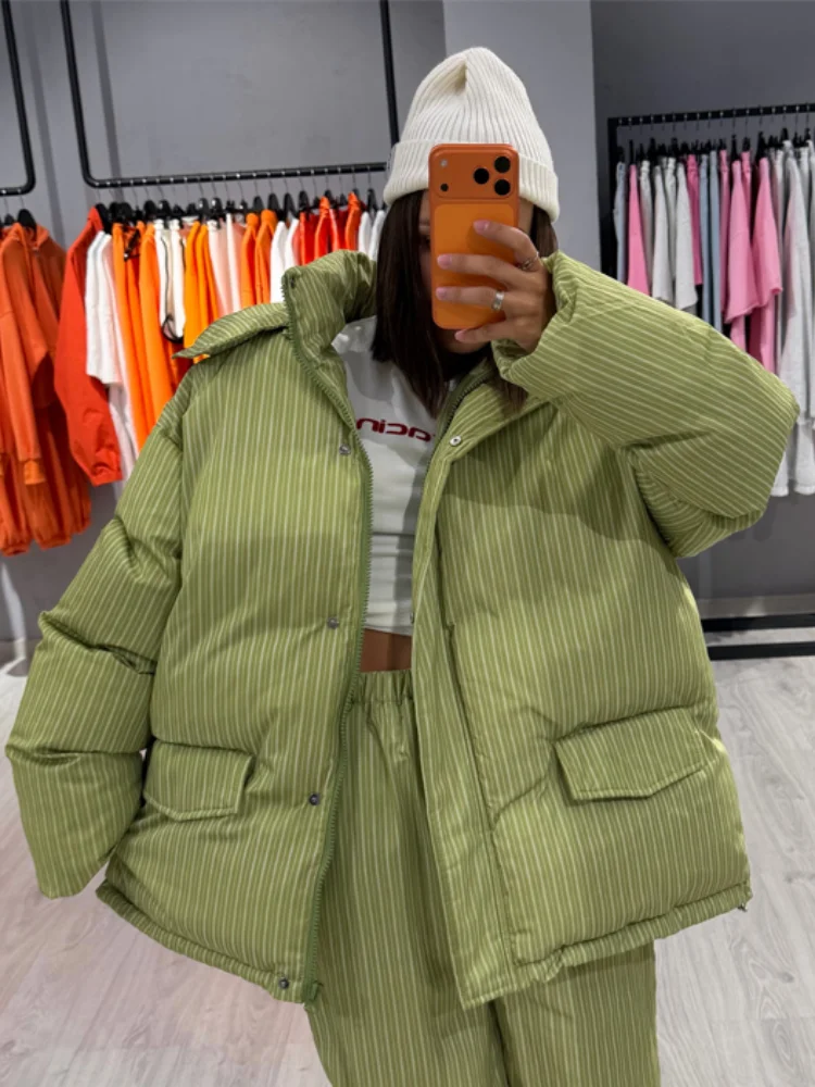 Striped Hooded Cotton Jacket Women Fashion Stand Collar Full Sleeve Zipper Pocket Warm Jackets Lady Winter Daily Street Coats 6 Striped Hooded Cotton Jacket Women Fashion Stand Collar Full Sleeve Zipper Pocket Warm Jackets Lady Winter Daily Street Coats 6