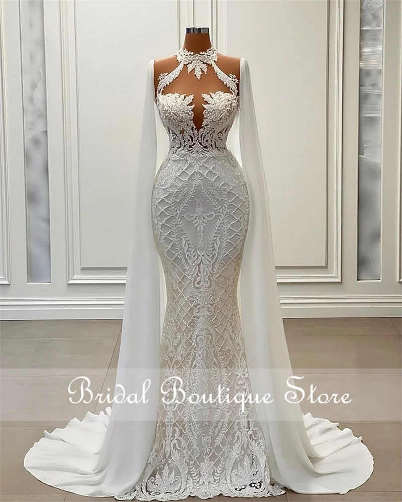 

New Design 2023 Handmade Pearls Mermaid Wedding Dresses Luxury Long Cape Lace Appliques Halter Beading Robe De Mariee