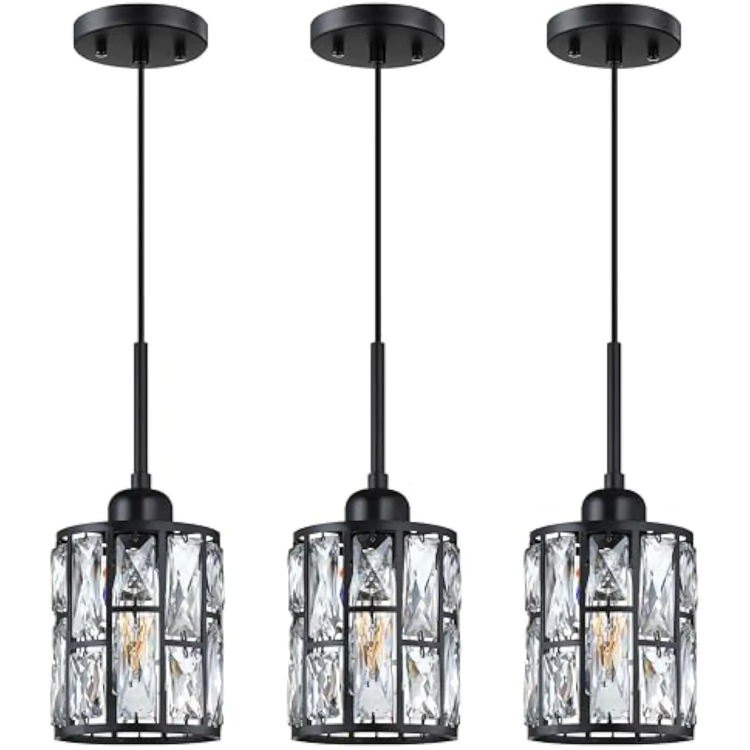 

3 Pack 1 Light Crystal Modern Concise Pendant Ceiling Light Fixture,6.3" Crystal Plate Metal Shade Black Finish for Bar,Dining