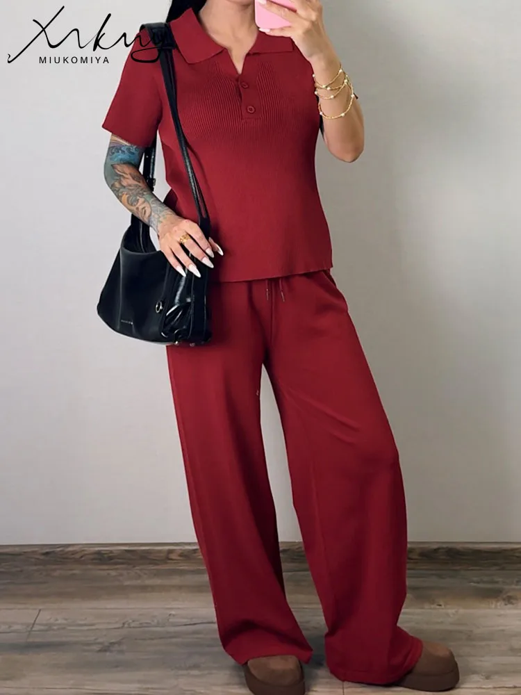 

Летняя футболка и брюки из ледяного шелка, женские костюмы с воротником-поло, трикотажные широкие брюки, офисный комплект из двух предметов, женские тонкие футболки, комплект