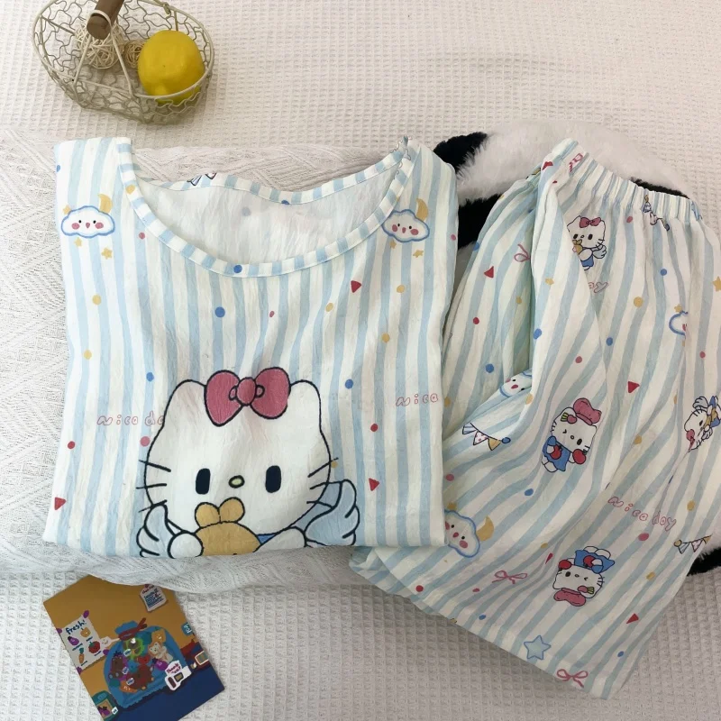 الصيف مرحبا كيتي الكرتون لطيف فتاة نسخة فضفاضة جولة الرقبة بدلة قصيرة مزدوجة