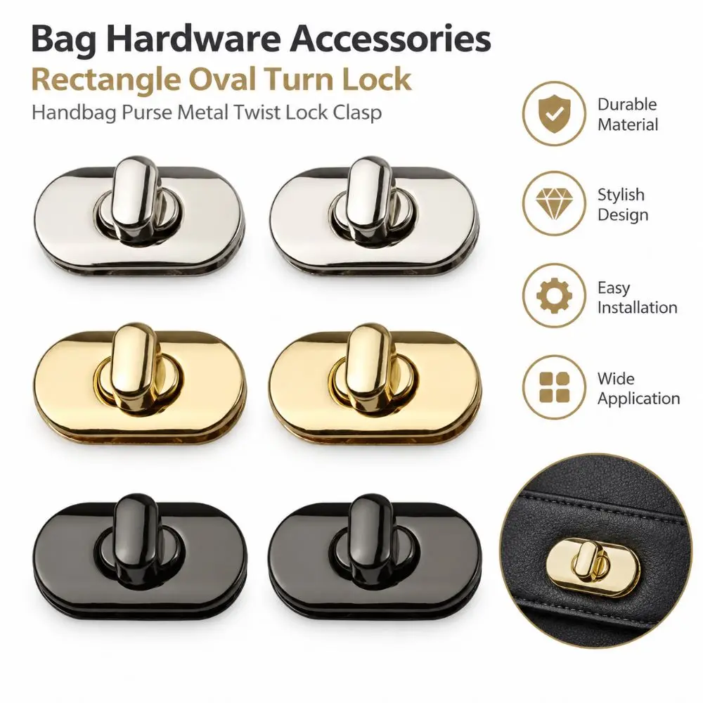 2pcs Premium Zinc Alloy Bag Lock Clasp DIY Durable Metal Bag Clasps Oval Shape Rotating Lock Buckle Handbag Hardware