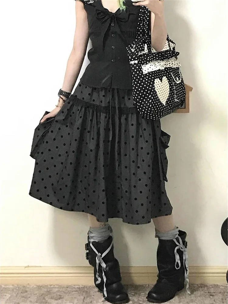 

Новая женская юбка в стиле ретро с серым узором в горошек, А-силуэт, кружевная, в корейском стиле, популярная модель 2000 года