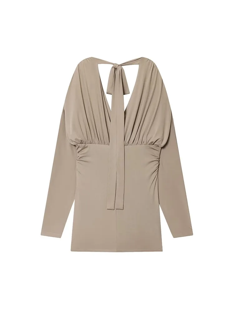 HH 2026 المرأة الربيع والخريف جديد الخامس الرقبة طويلة الأكمام رقيق تنورة مثير الحلو المألوف فستان غير رسمي ومتعدد الاستخدامات