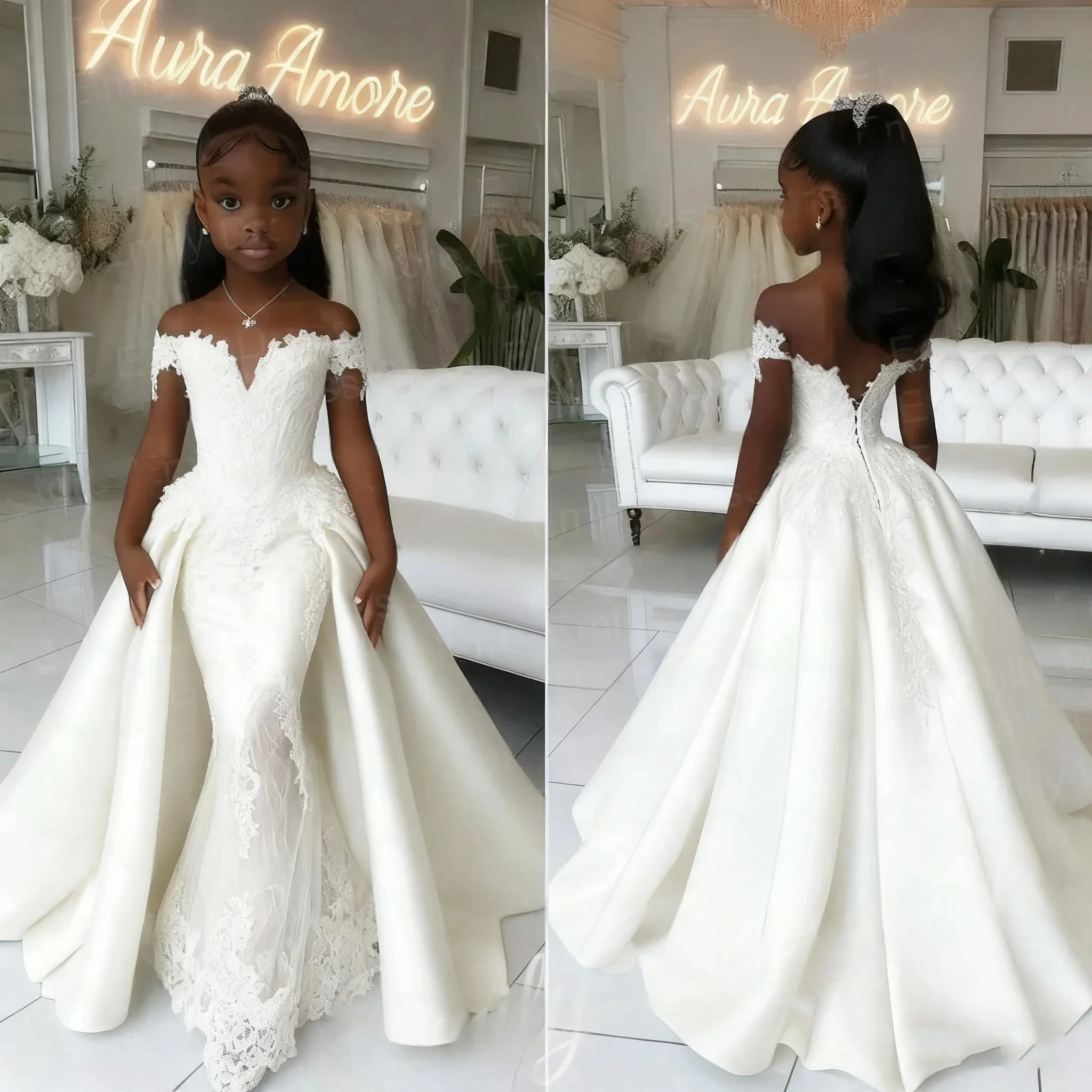 مخصص زهرة فتاة فستان الزفاف فستان عيد الميلاد الأول فستان حفلة قبالة الكتف الدانتيل حورية البحر الأميرة الاطفال فستان رسمي