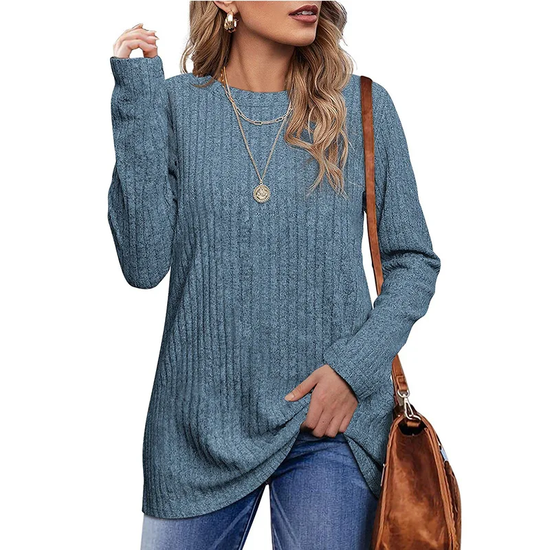 

New Autumn and Winter Round Neck Grinding Pit Strip Solid Color Top Long Sleeve T-shirt Women