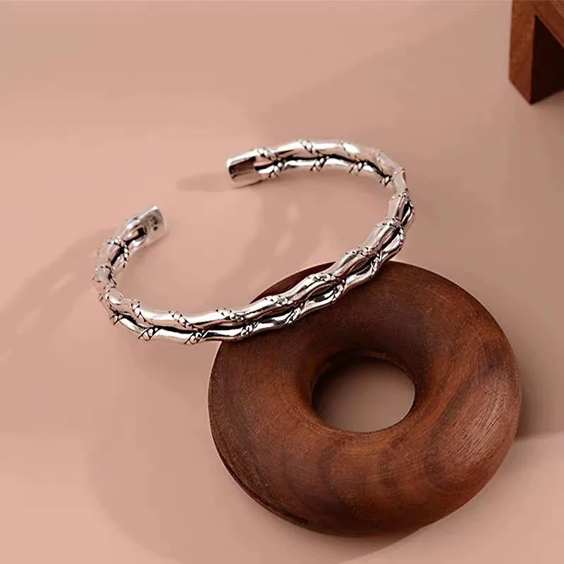 

Men Handmade Woven Bamboo Joint Bangle Double Layer Vintage Thai Silver Open Bracelet Alloy Personality Male Wrist Jewelry