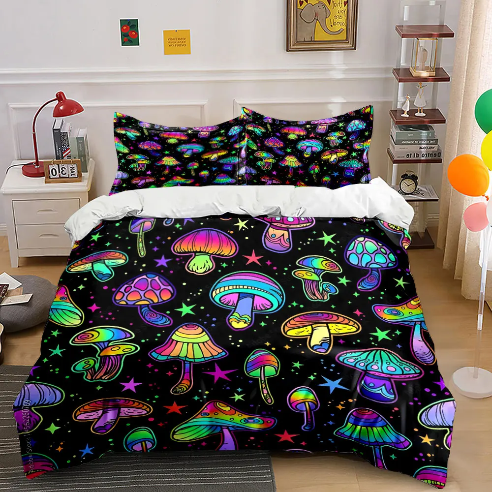 Colorful mushrooms with dreamy starry Print Bedding set 3PC 1 duvet cover 2 pillowcases adult and children bedding set Luxury