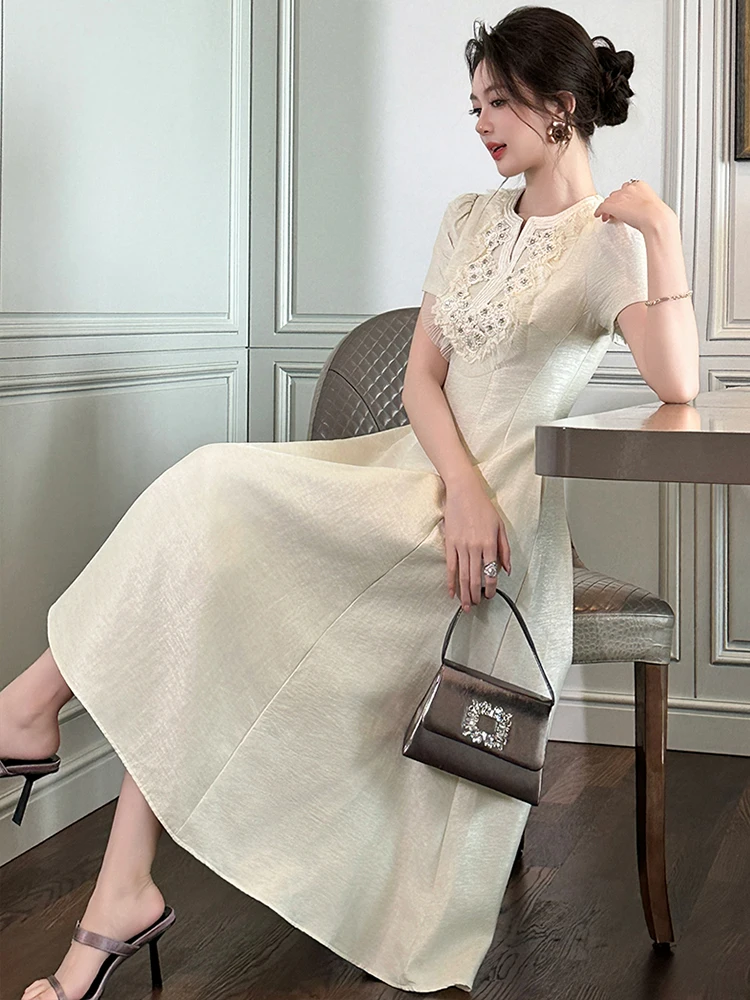 เกาหลีสไตล์ฝรั่งเศส Socialite PARTY Dress สําหรับผู้หญิงเพชรดอกไม้กระเป๋าพับ Swing Robe หญิงพรหม Vestidos Mujer