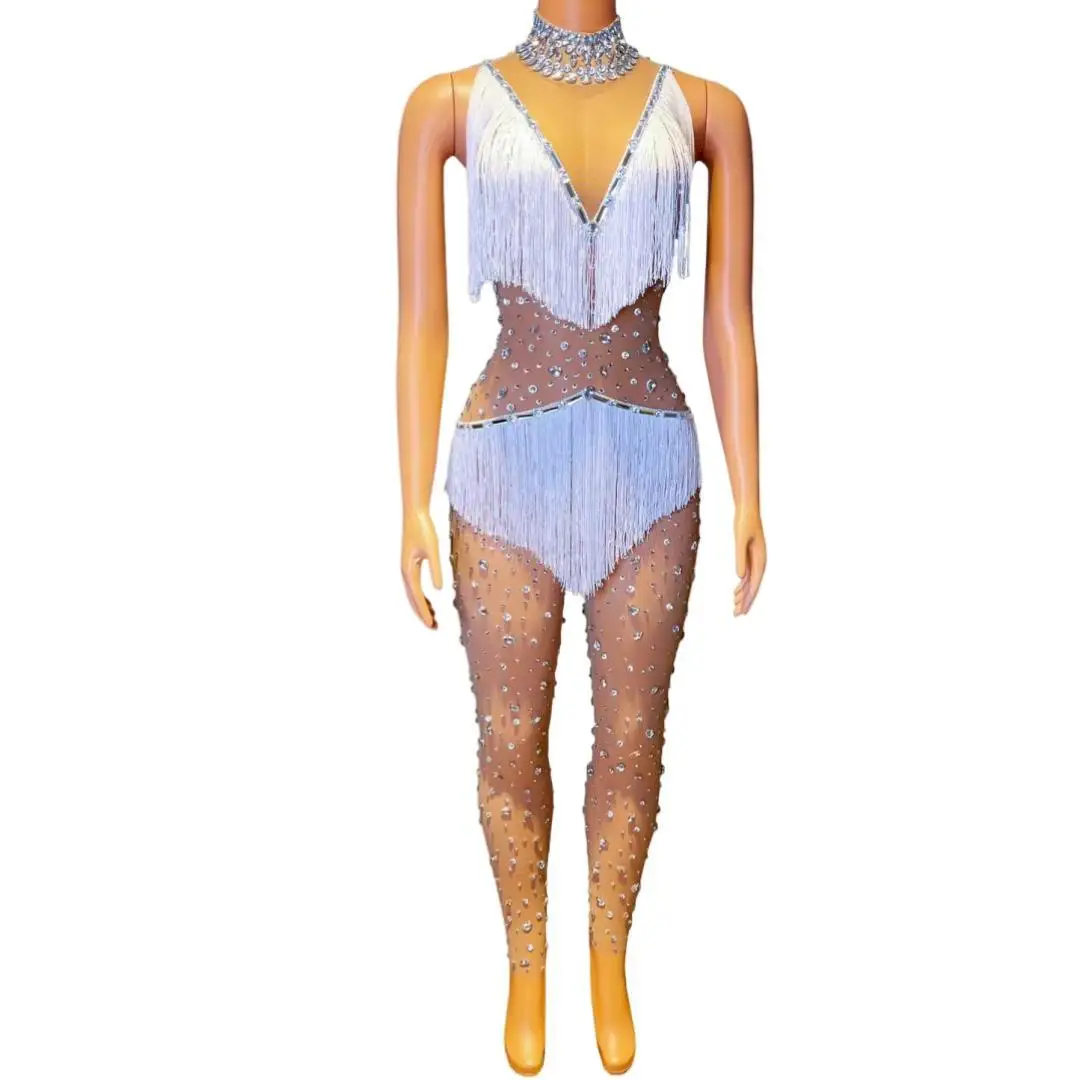 

Sparkly Diamonds Tassels Jumpsuit for Women Sexy Transparent Nightclub Outfit Singer Dancer Stage Performance Costume Suiyin