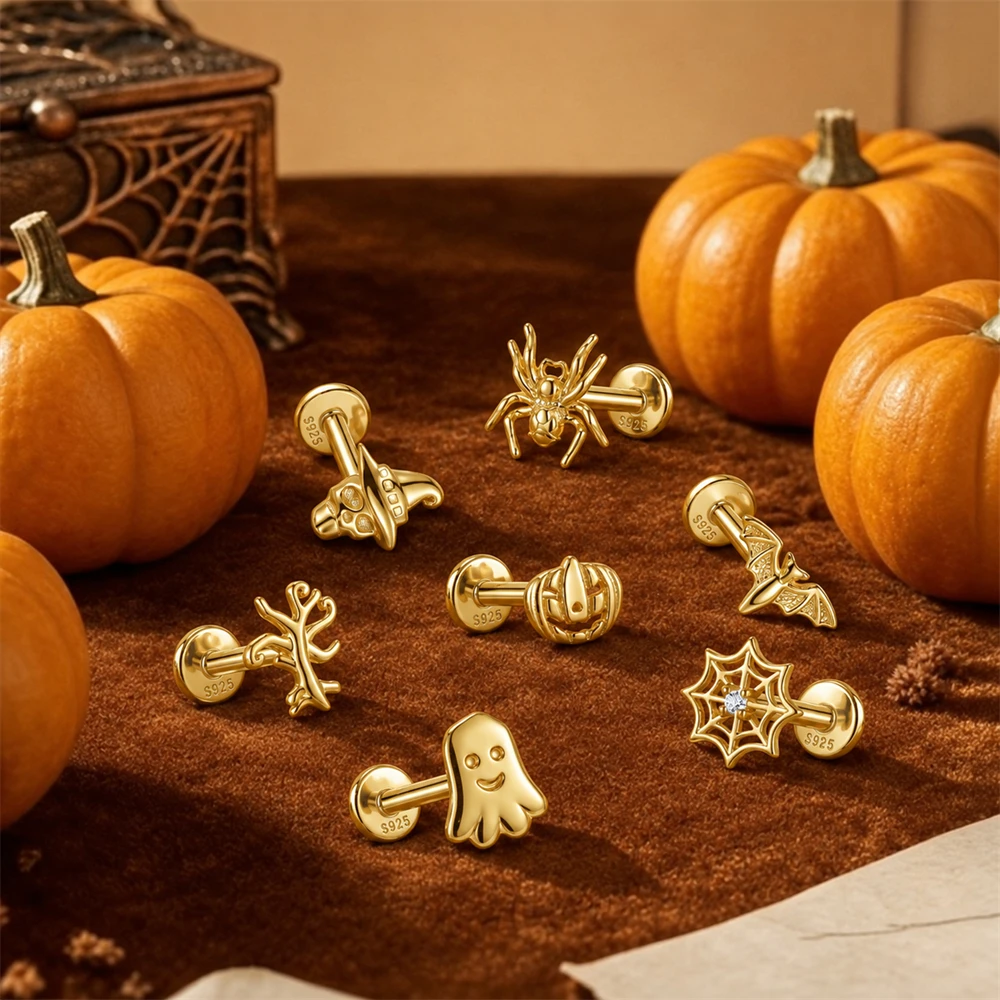 CANNER 1P Cute Halloween Threaded Flat Back  925 Sterling Silver Stud Earring Ghost Pumpkin Spider Bat Piercing Jewelry Gift view 2