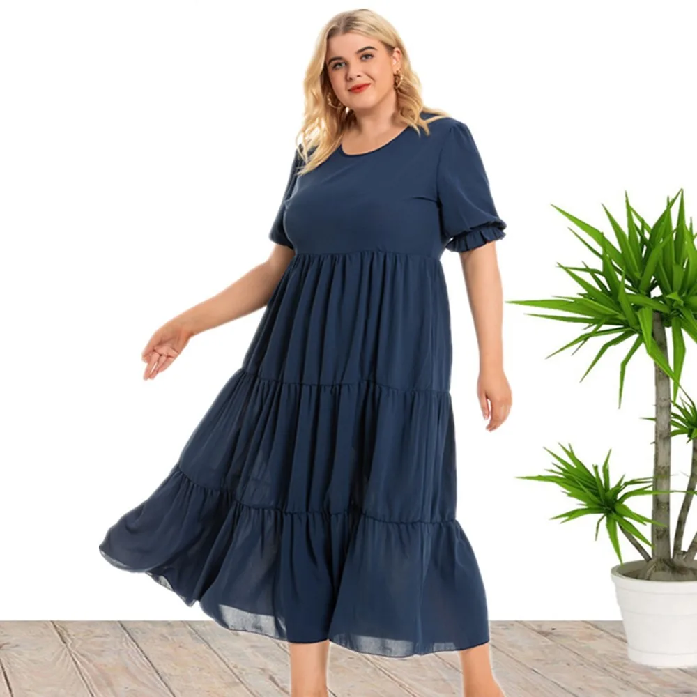 2022 Summer New Hot Sale Plus Size Round Neck Short Sleeve Bohemian Dress For Large Women