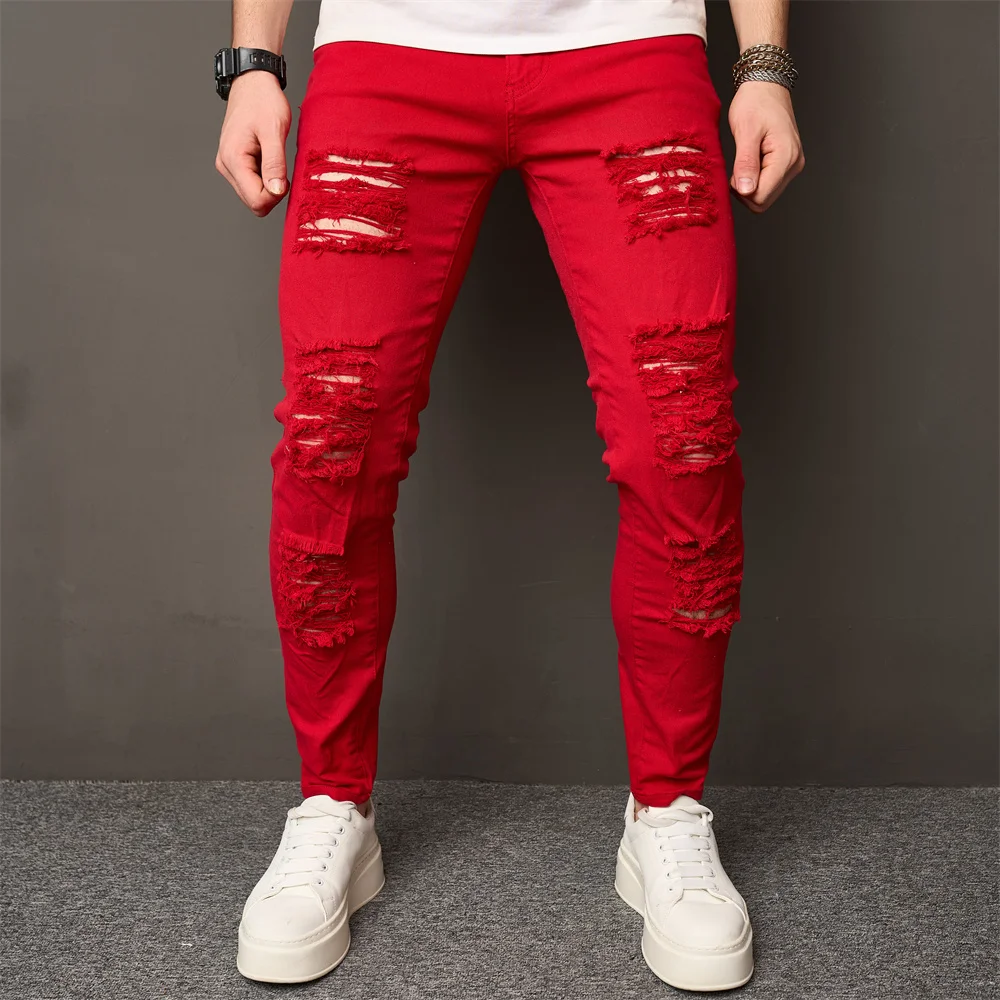 High Street Men HipHop Holes Skinny Stretch Jeans Trousers Stylish Male Distressed Slim Denim Pencil Pants