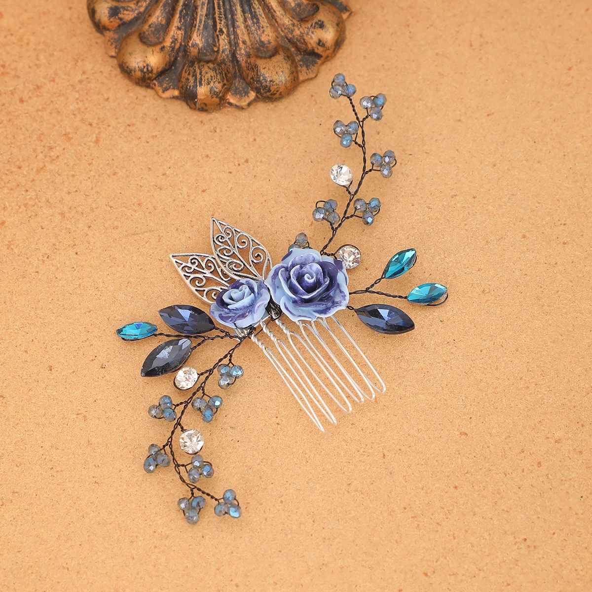 Blue Purple Ceramic Rose Hair Comb  Crystal Bead Wire Vine Leaf Hair Pins  Vintage Bridal Wedding Hair Accessories image 4