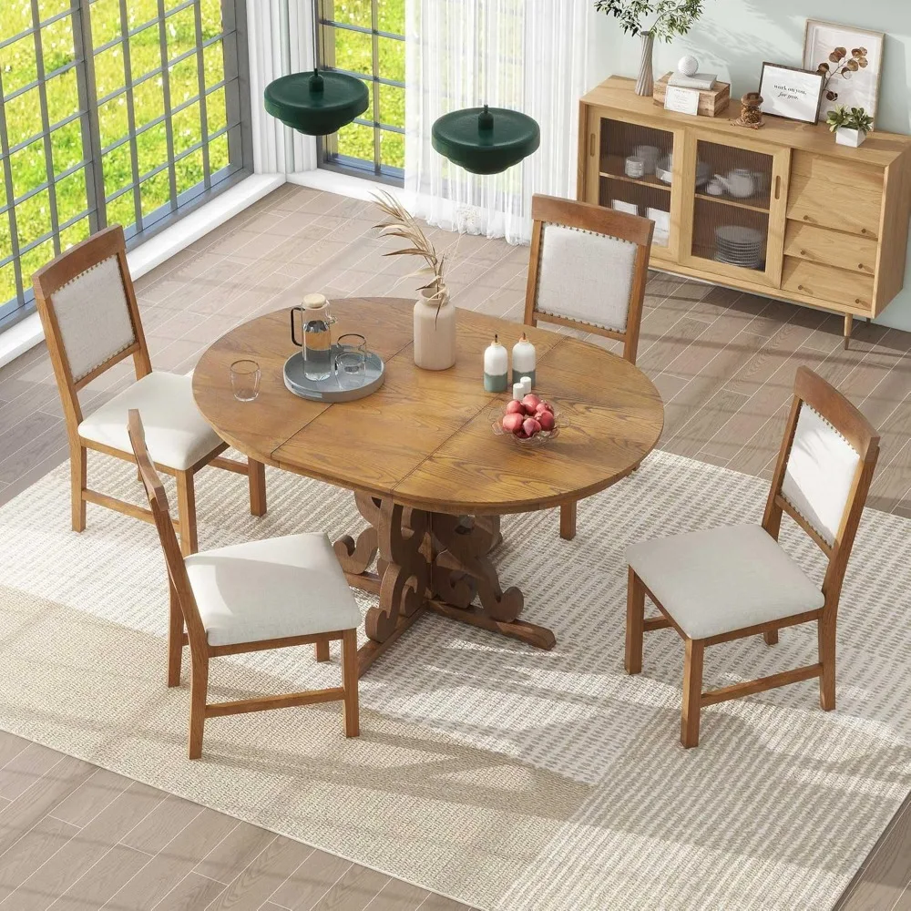 

Extendable Kitchen Table Set Chair Round to Oval Dining Room Set Leaf for Kitchen, Dining Room