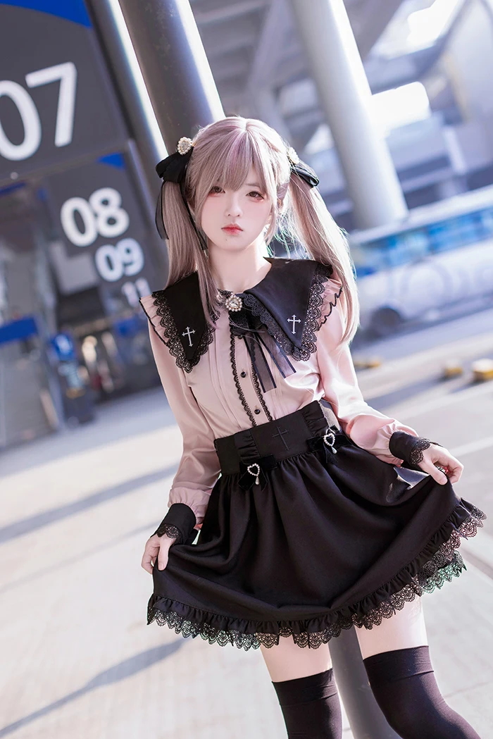 Japanese Lolita Female Girls Cute Lace Lapel Cross Black and White Shirt Long Sleeve Blouse All-match High Waist Skirt Outfits