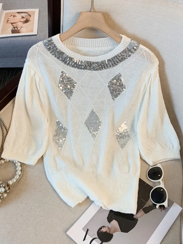 SMTHMA 2024 New Fashion Sequins Design Knitted Short Sleeved Top Women's Versatile Loose Pullover Top Summer Clothing