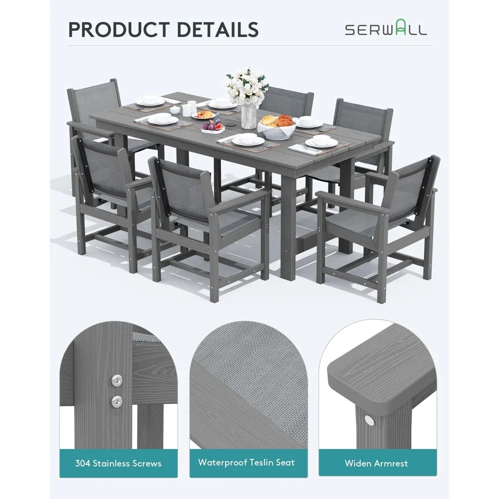 

7 Piece Outdoor Dining Table Sets for 6 with 1 Umbrella Hole Cut-Out Rectangular and 6 Textilene Chairs, HDPE Dining Tabl