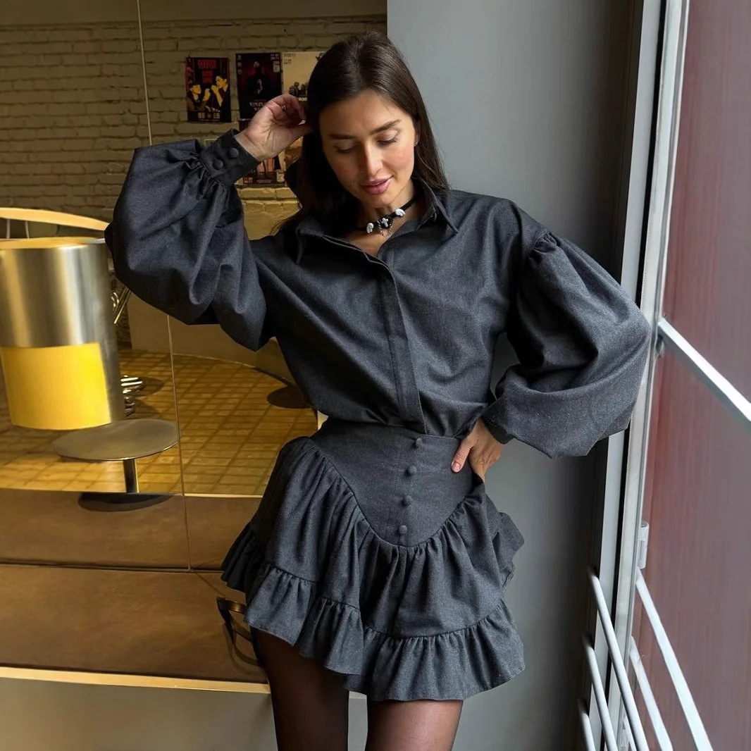 

2025 Lapel Button Shirt and Ruffled Short Skirt Sets, Women Spring ,Fashion Short, Women Skirt Suits