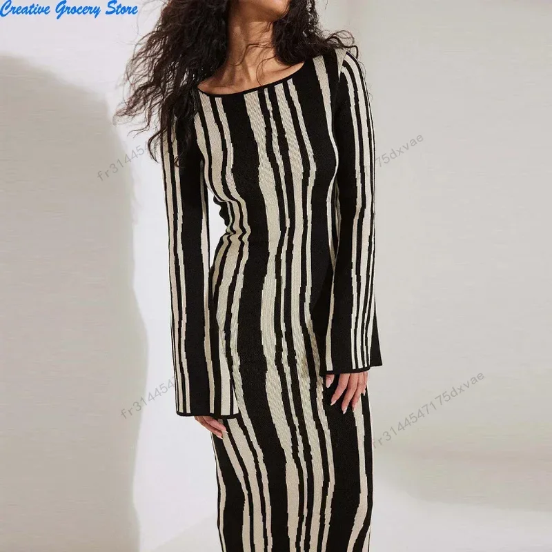 Women Fashion Striped Print Long Party Dress Spring O-neck Tight Bodycon Hips Dress Autumn Long SLeeve Office Lady Maxi Dresses