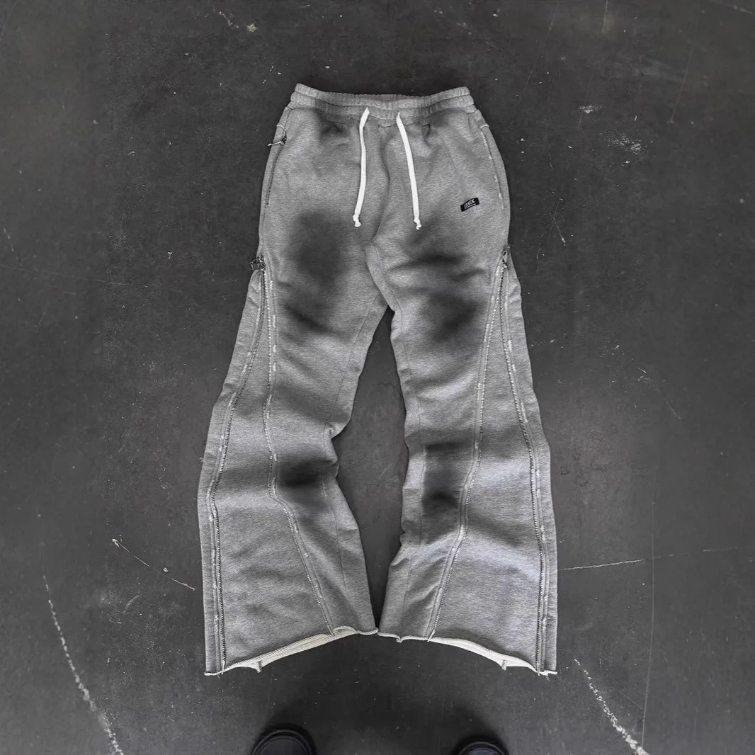 MWJLPWQ-pantalones de punto pesado con diseño de cremallera para hombre, pantalón recto, estilo callejero con cordón, estilo callejero, Vintage, Unisex, otoño 11516