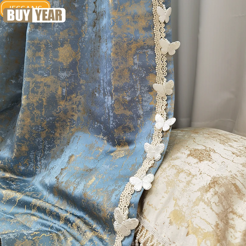 Blue Gold Filigree Jacquard Gilt Lace Thickened Curtains For Living Room Bedroom French Window Balcony Window Customization
