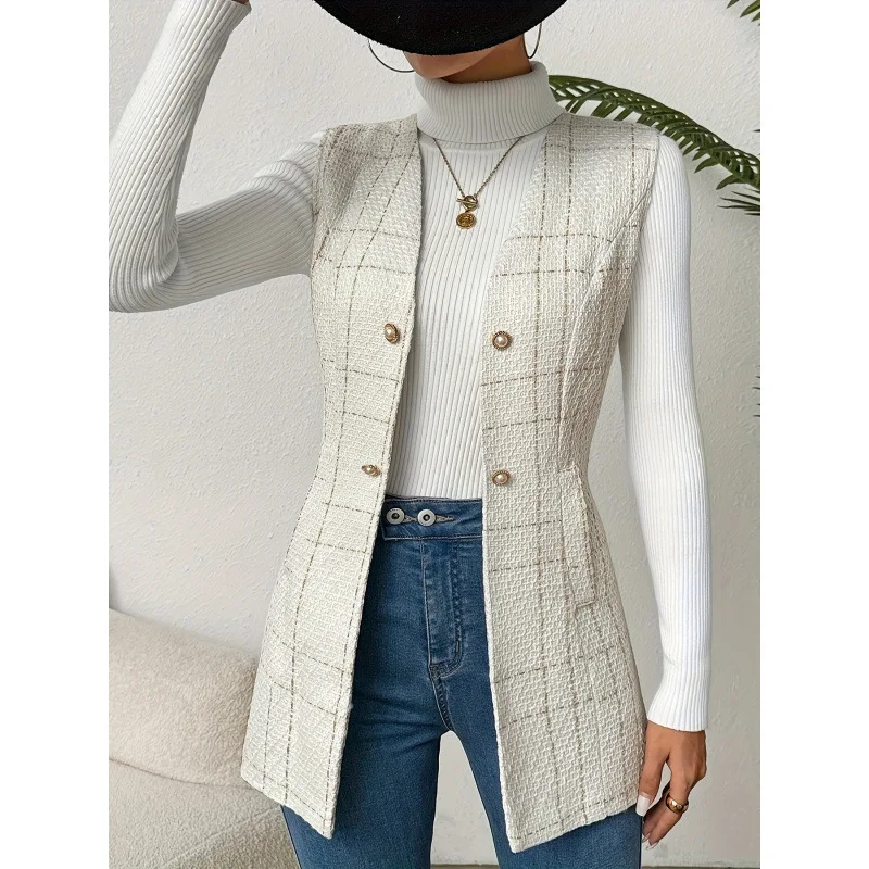 

Plaid Midi Vest Z 45441 Mid-Length Checkered Waistcoat Women's Fashion Inner Wear Regular Length Other Material 100%