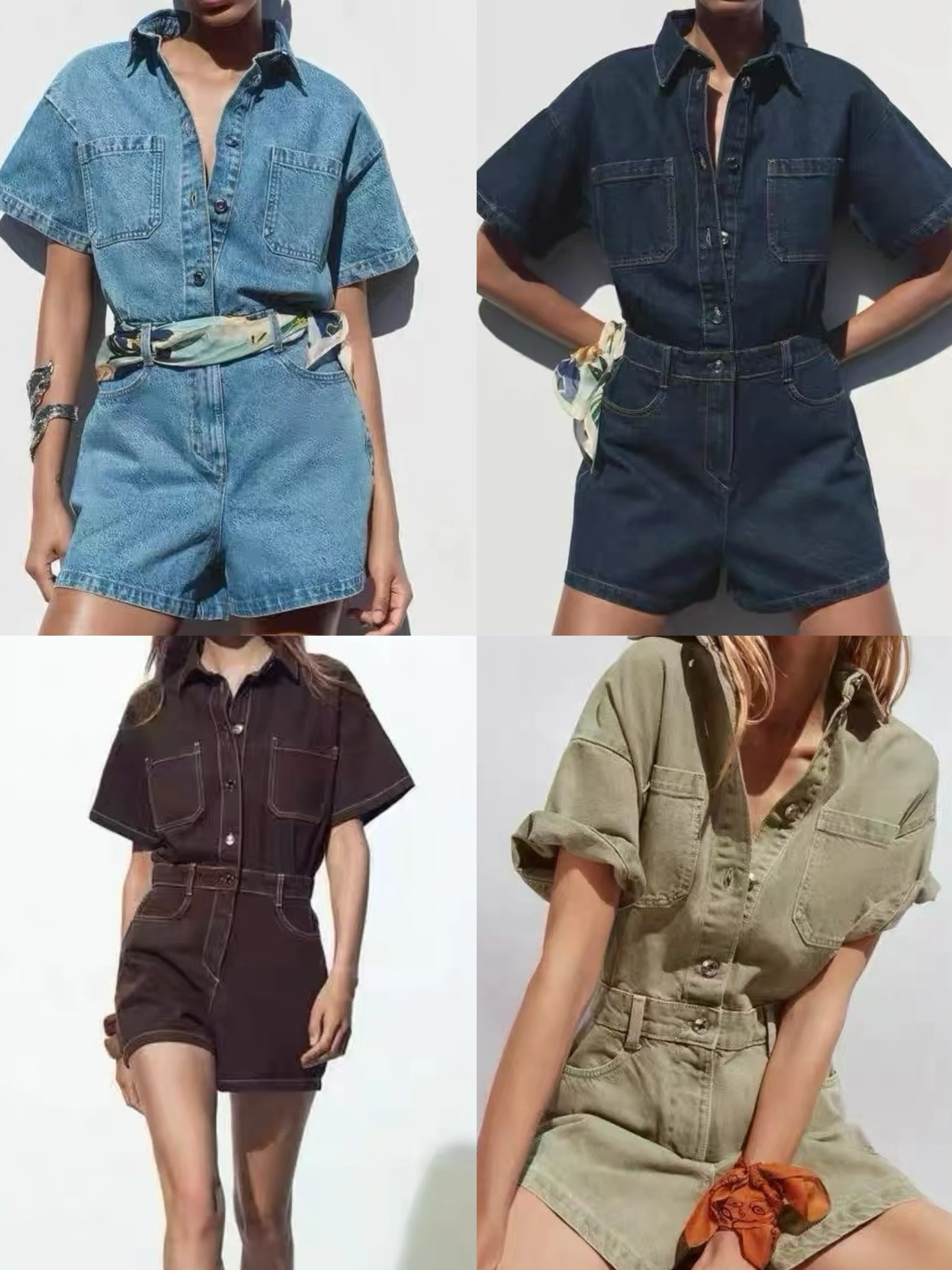 

Yao Yao Summer New Sle Women's Retro Casual Versatile Turn-down Collar ort Sve Denim ort Length Overall Pants