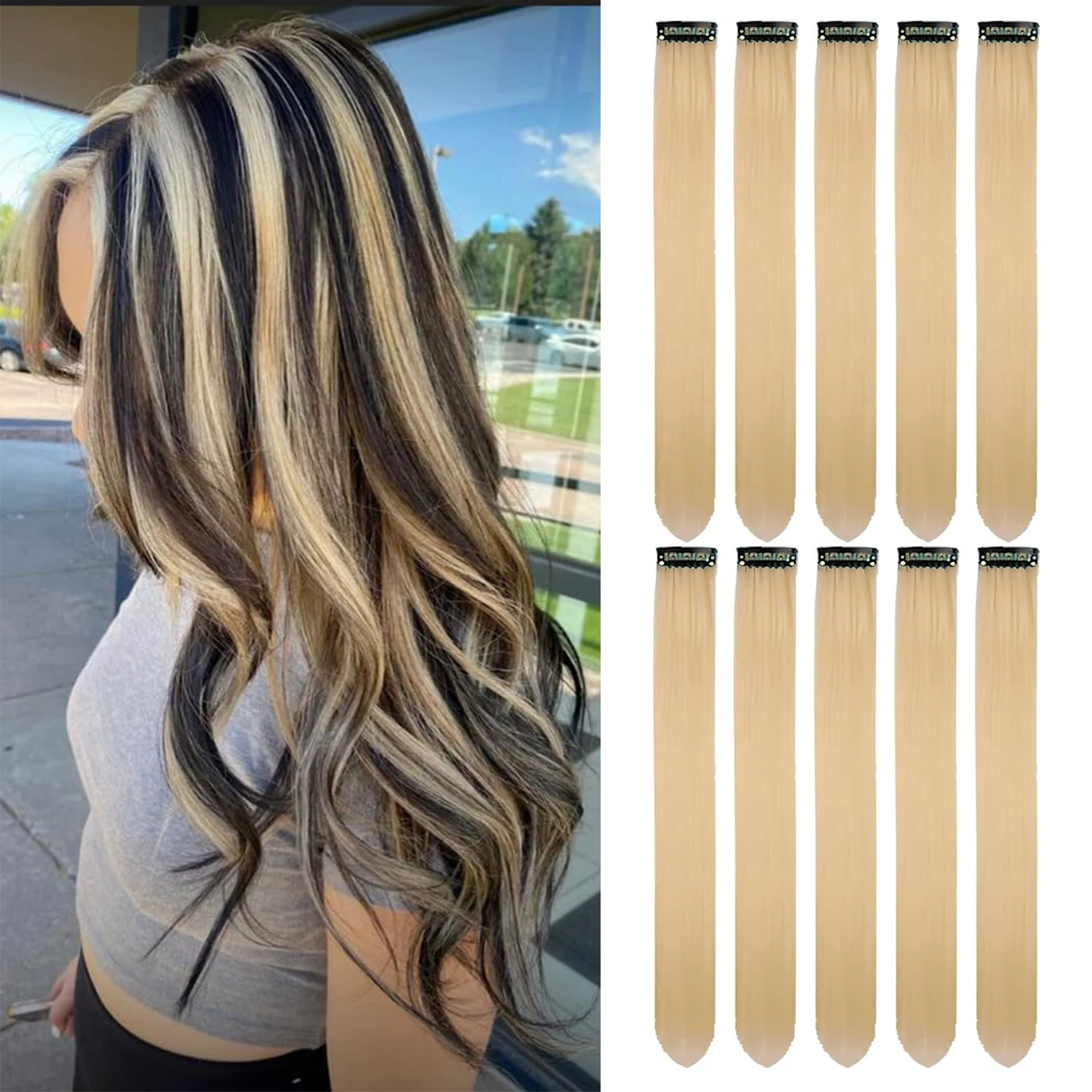 5/10 PCS Blonde Clip in Hair Extensions, Gold Hair Accessories 22 Inch Blonde Wig Extensions, Long Straight Synthetic Hairpieces