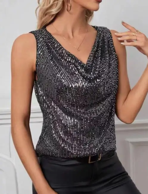 新しい人気の女性用エレガントなノースリーブトップ、Vネック、ストラップレスデザイン、スパンコール、ゆったりとしたディテールブラウス