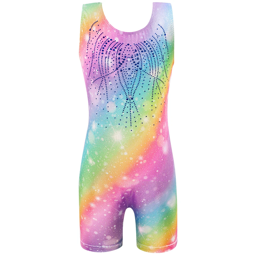 Meninas ginástica collant brilhante diamante ballet dança outfit crianças unitard biketard roupas arco-íris ginásio terno