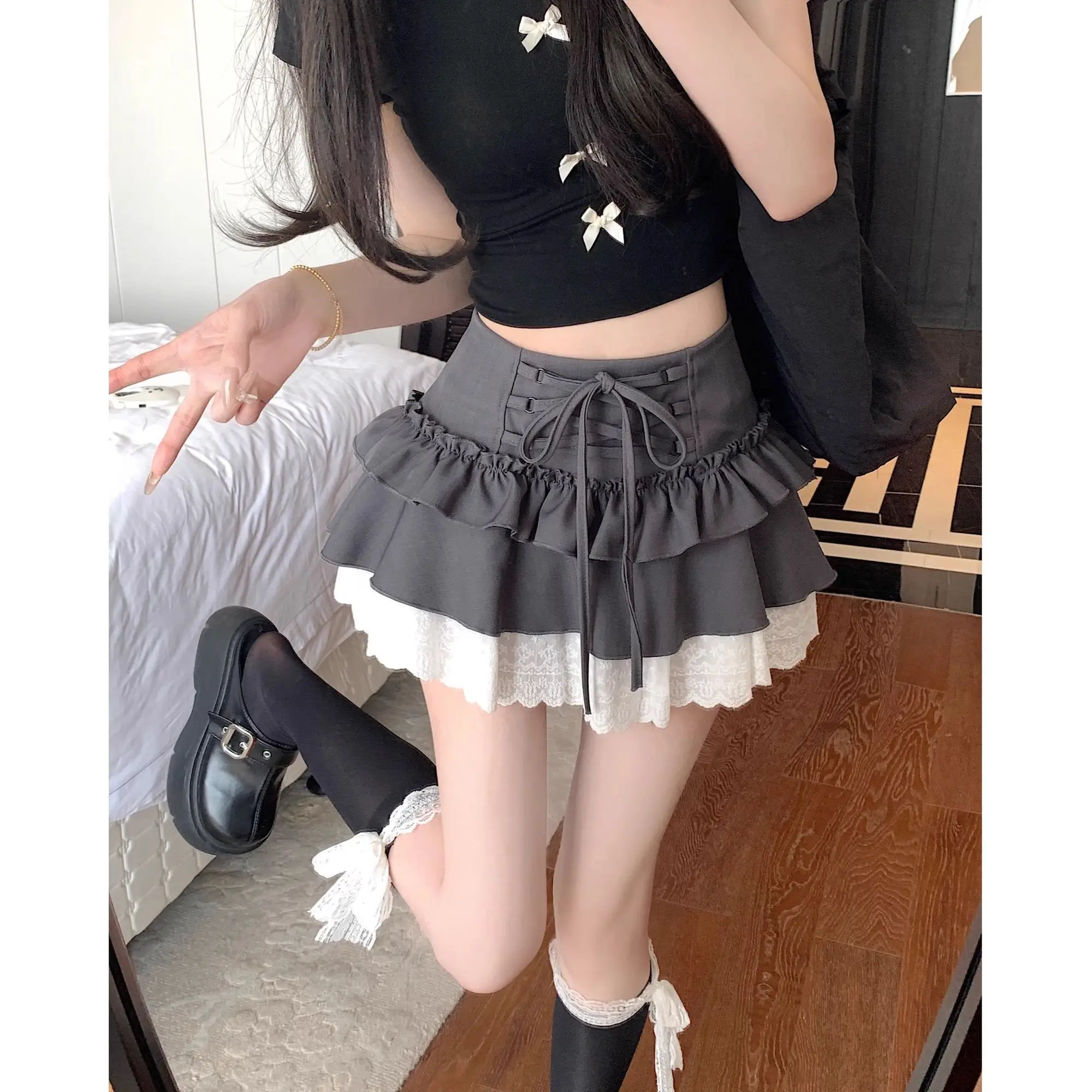 Kimutomo Women Gray Tie A-Line Mini Skirt Summer Ruffle Tiered Cake Skirt High Waist Puffy Short Skirts Anti-Exposure