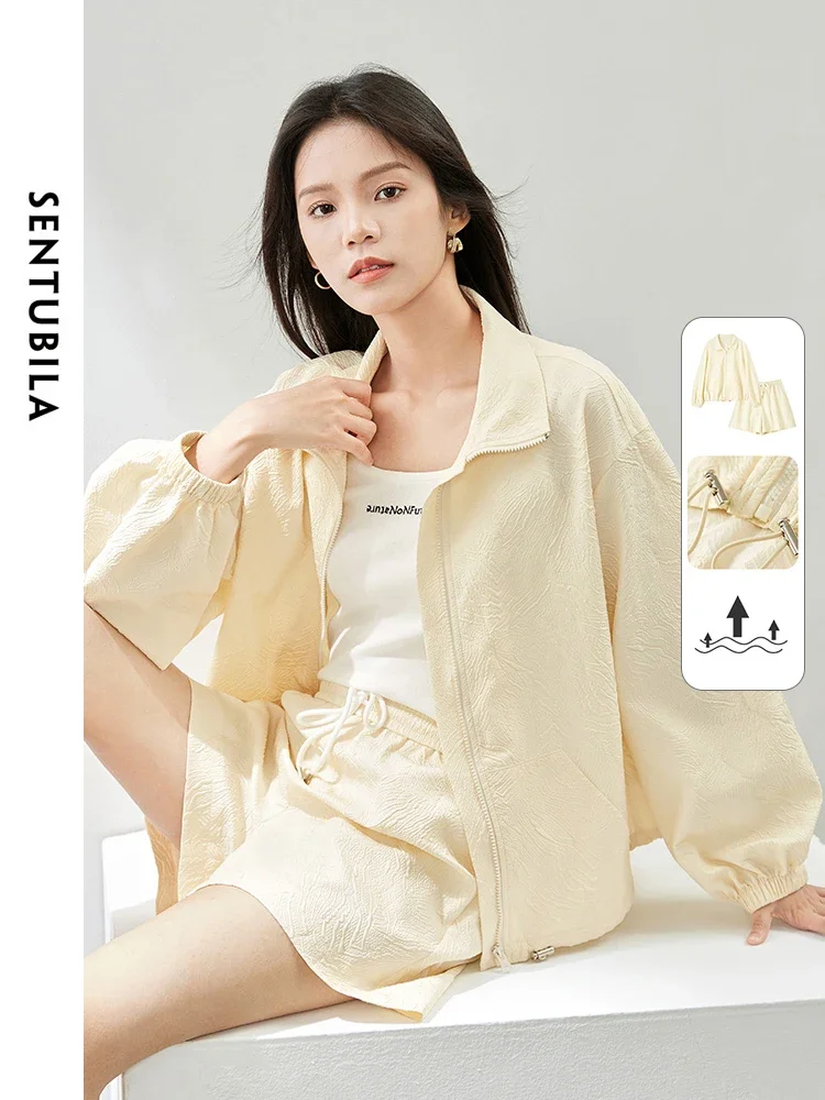 SENTUBILA Full Zipper Jacket Shorts Sets Women 2 Pieces Outfits 2024 Spring Casual Sport Textured Apricot Matching Set 141Z53885