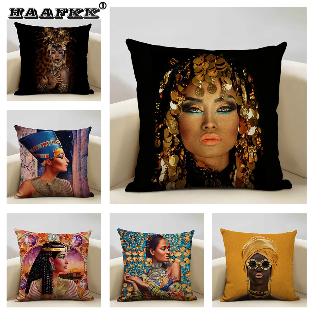 

Egyptian Figure Decoration Cushion Cover African Women Decor Patter High Quality Linen Home Sofa Pillow Case 45x45cm