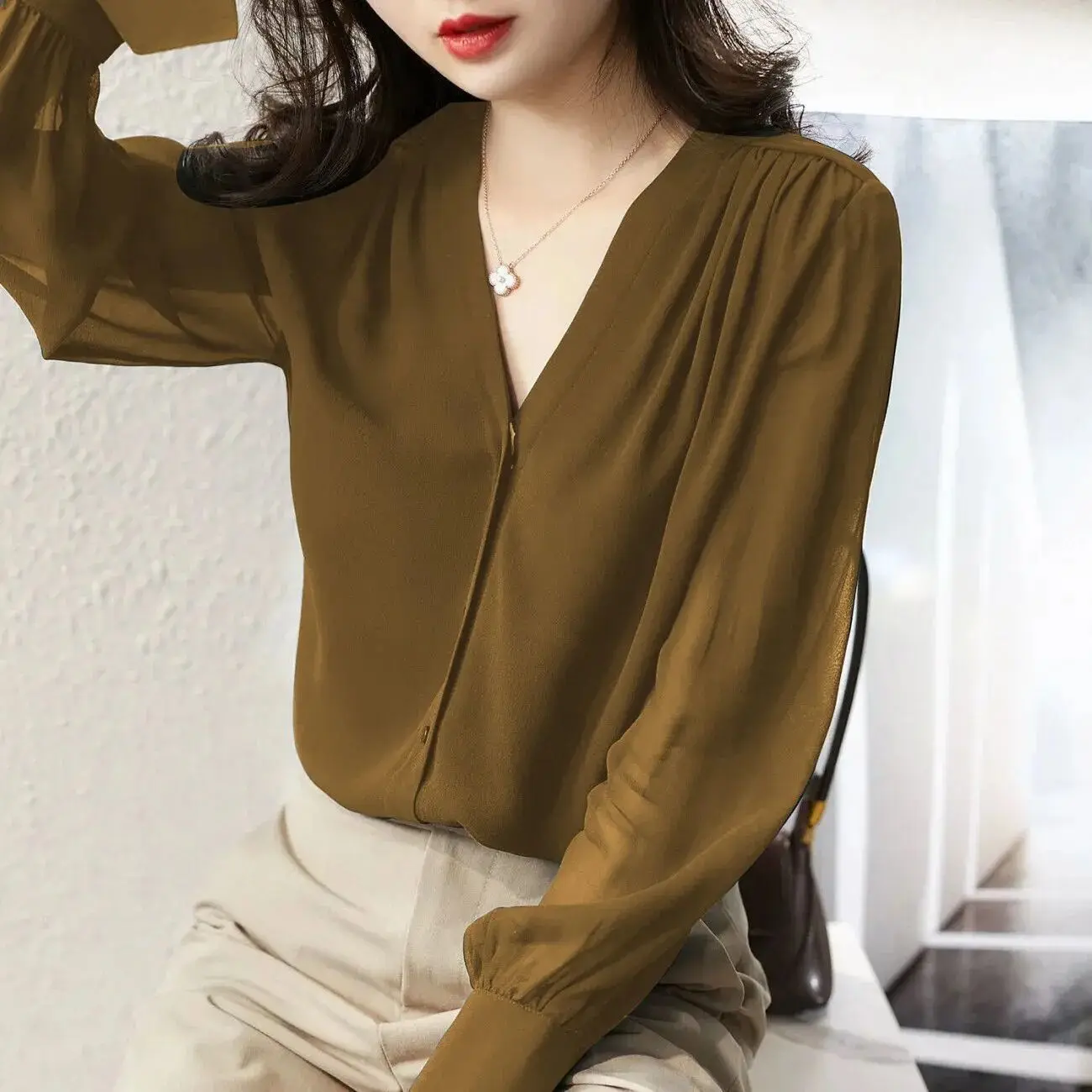 Elegant Summer Gauze Long Sleeve Solid Color Button V-neck Blouses Straight Loose Chiffon Thin Comfortable Women\'s Clothing 2022