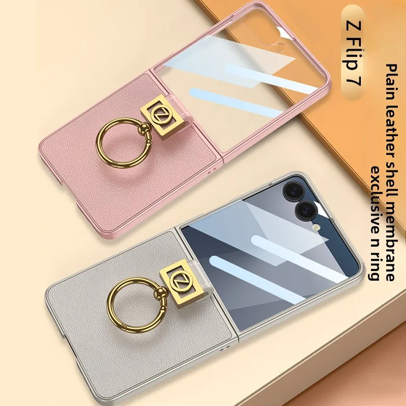 Luksusowe, ultracienkie, gładkie etui na telefon Samsung Galaxy Z Flip 7 Flip7 ze skóry PU z folią ochronną ze szkła hartowanego