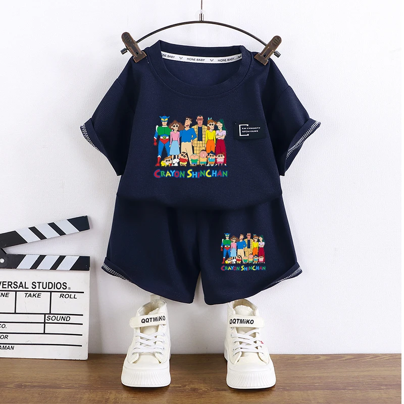 Crayon Shin-chan Waffle Short-sleeved Shorts Set Child T Shirt Girl Boy Summer Tops and Bottoms Anime Cartoon Clothes Suit Tees