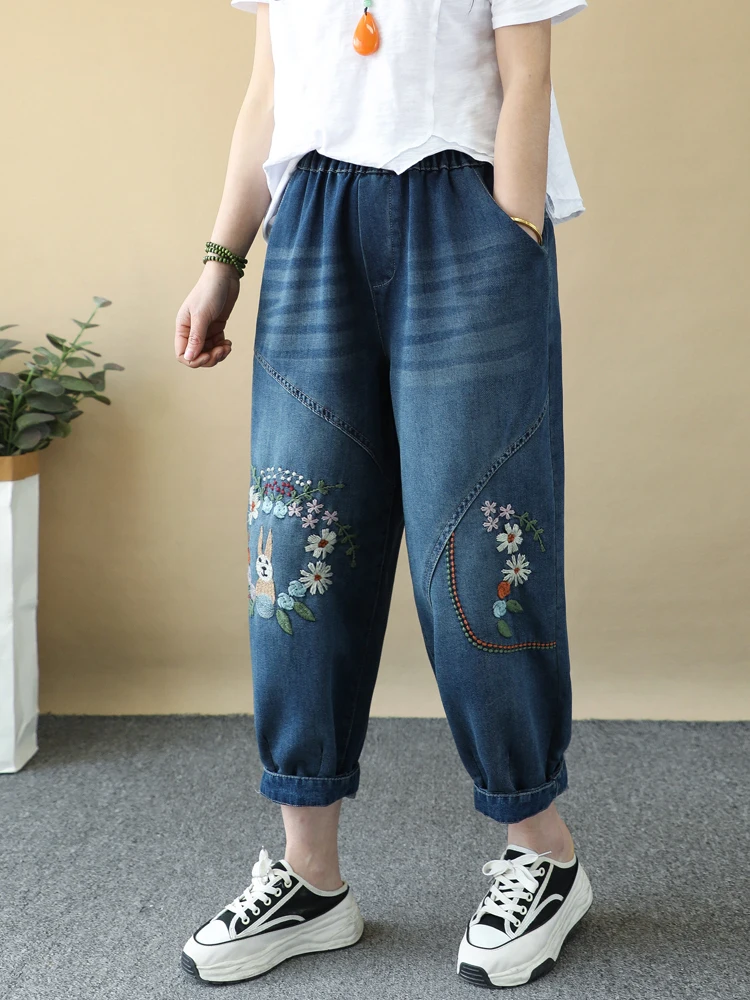 

Retro Flower Ring Little Rabbit Embroidered Jeans Women Loose Large Size Embroidered Carrot Dad Harem Pants Thin Nine Points