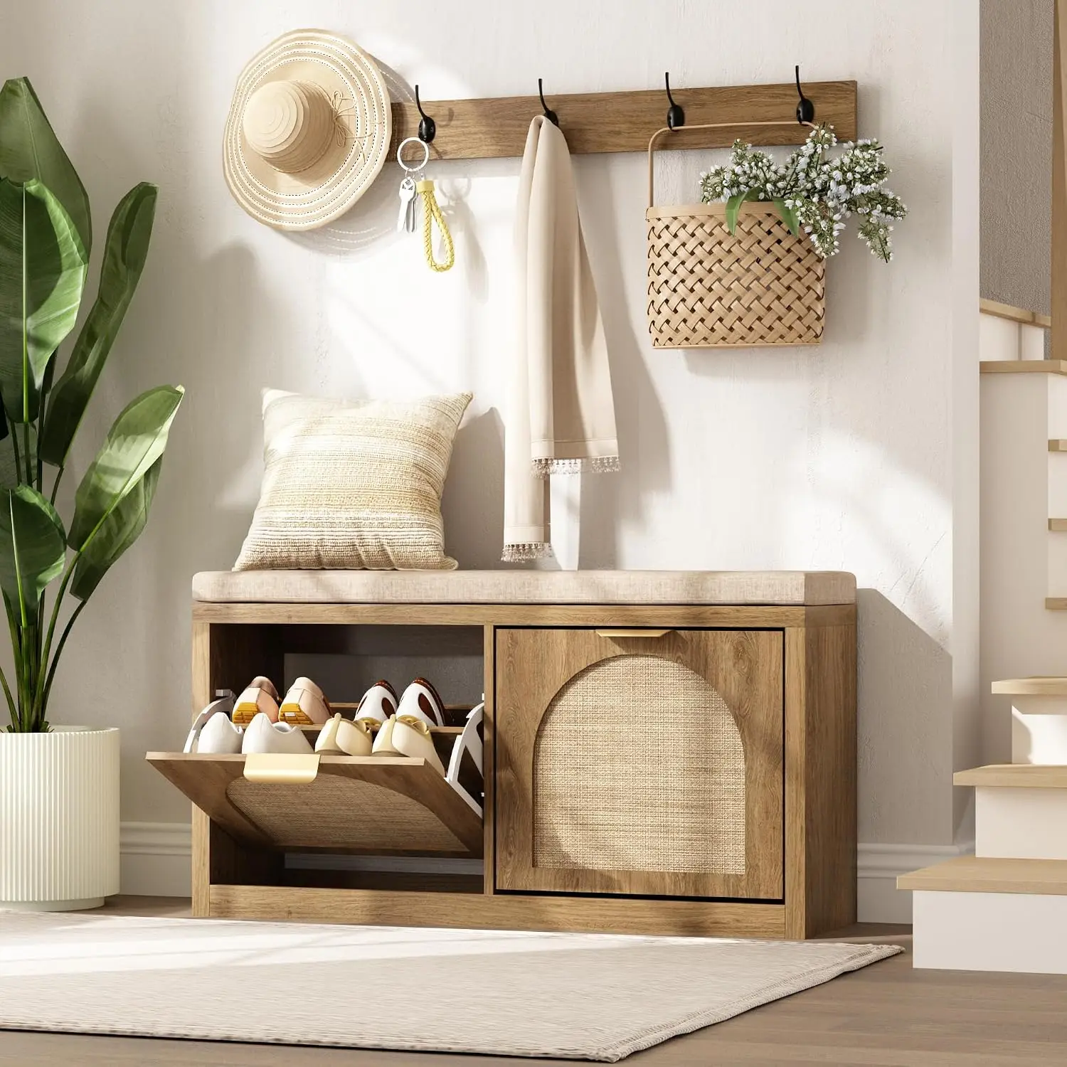 Rattan Entryway Bench Shoe Storage 2 Flip Drawers Coat Rack Mid-Century Wood Cabinet Seat Cushion Foyer Hallway, Customized