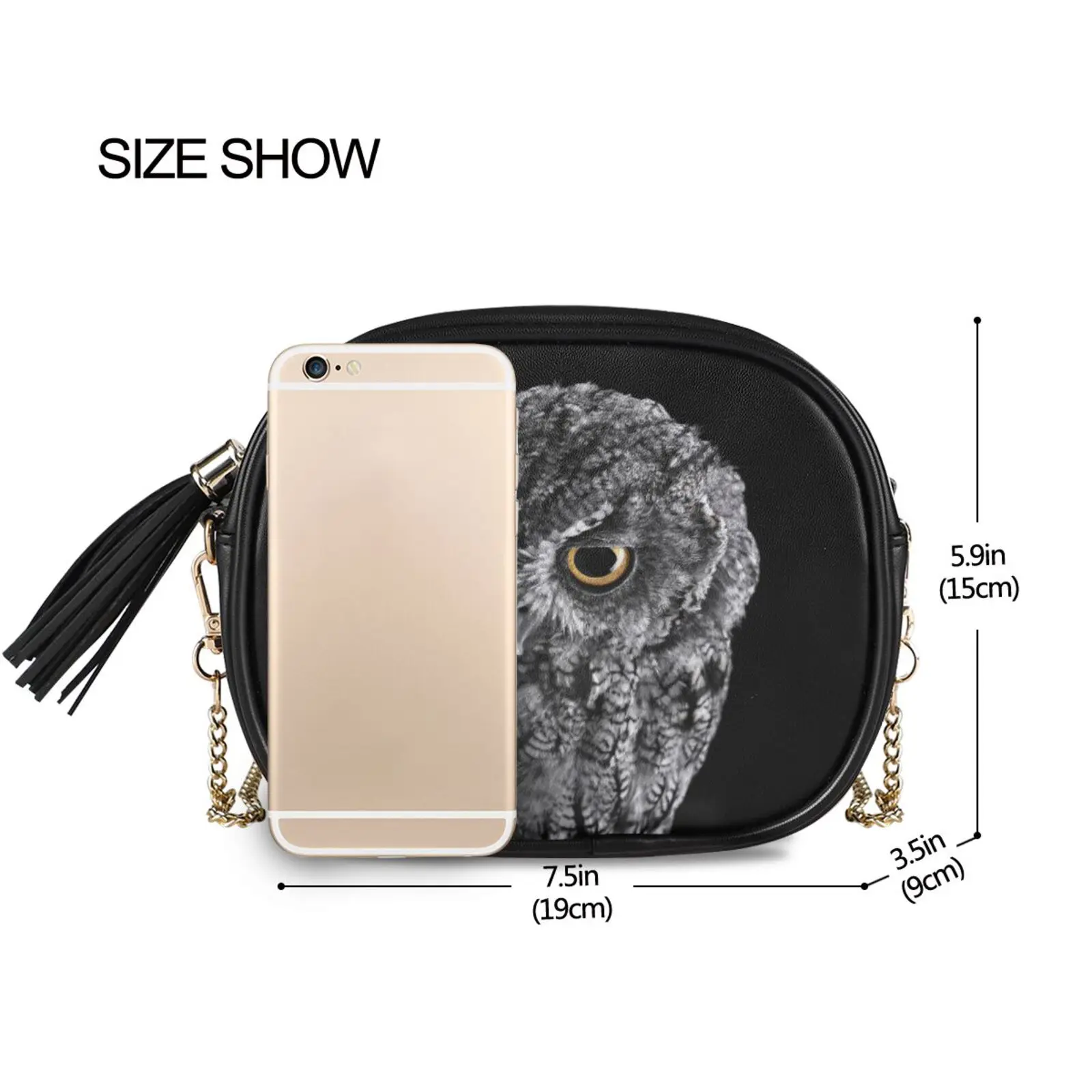 Fashion Crossbody bag Women's Chain Shoulder Bag PU leather Black owl print Handbag Females Mobile phone bag Shopping Bag New