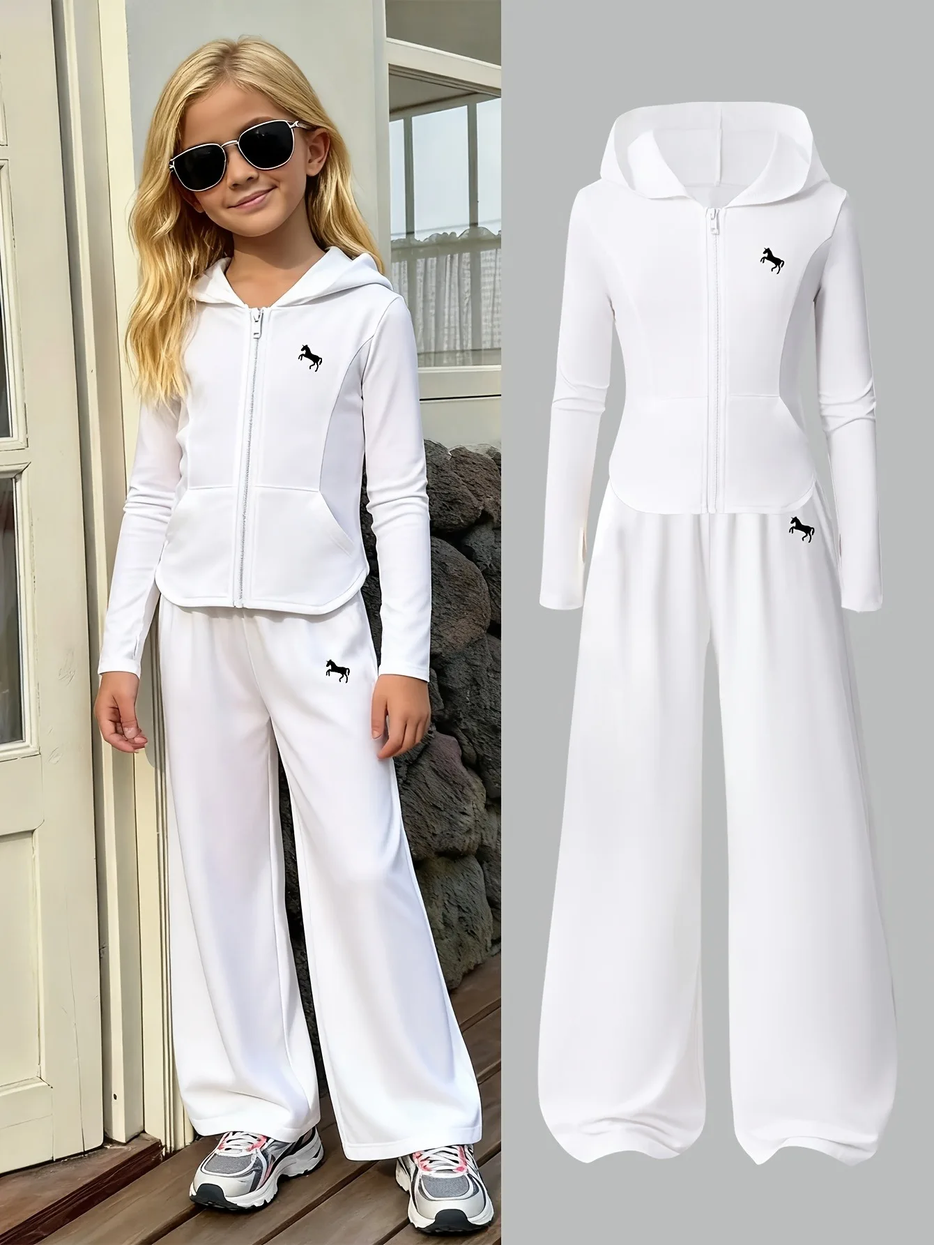 Kids 2 Piece Outfits Horse Embroidery Zip Up Hooded Jacket Wide Leg Pants Sets Girls Casual Sport Tracksuit Daily Streetwear Sli