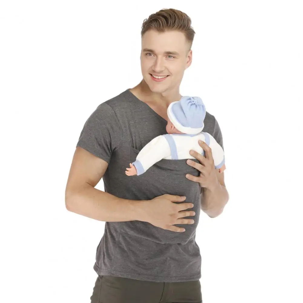 Men Baby Carrier Shirt Cotton Blend V Neck Short Sleeve Dad Tee Baby Wearing T-Shirt for Comfortable Parenting Baby Care
