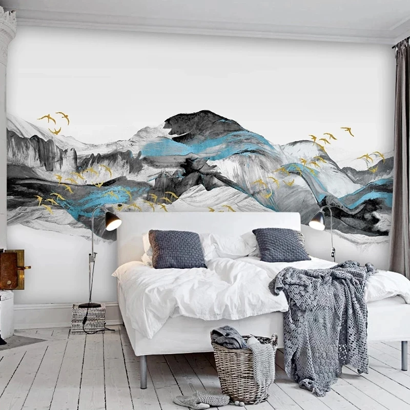 Customized Wallpaper Chinese Abstract Blue Artistic Landscape Birds Bedroom Mural Living room sofa TV background wall restaurant