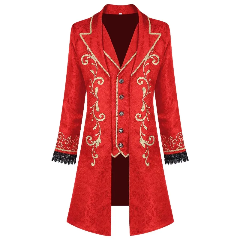 European size red men's vintage long coat, blue court prince performance gown, black lapel-collared long-sleeved trench coat.