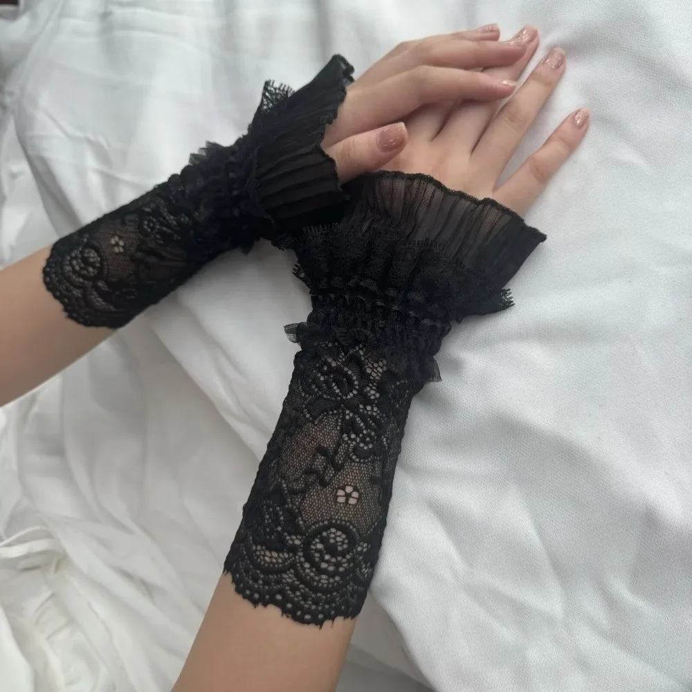 Lace Trim Lace Arm Sleeves Mesh Ruffle Cuffs Wrist Sleeves Floral Embroidered See-Through Decorative Gloves Prom Photography