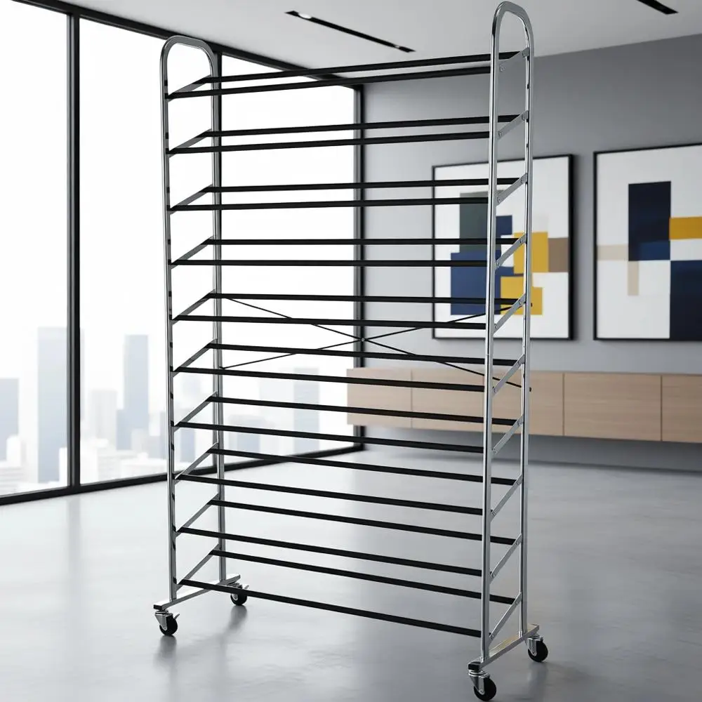 

Портативная передвижная подставка для обуви с фиксирующимися колесами, вместимостью до 50 пар, 35,8 x 14,6 x 59,5, хромированная отделка