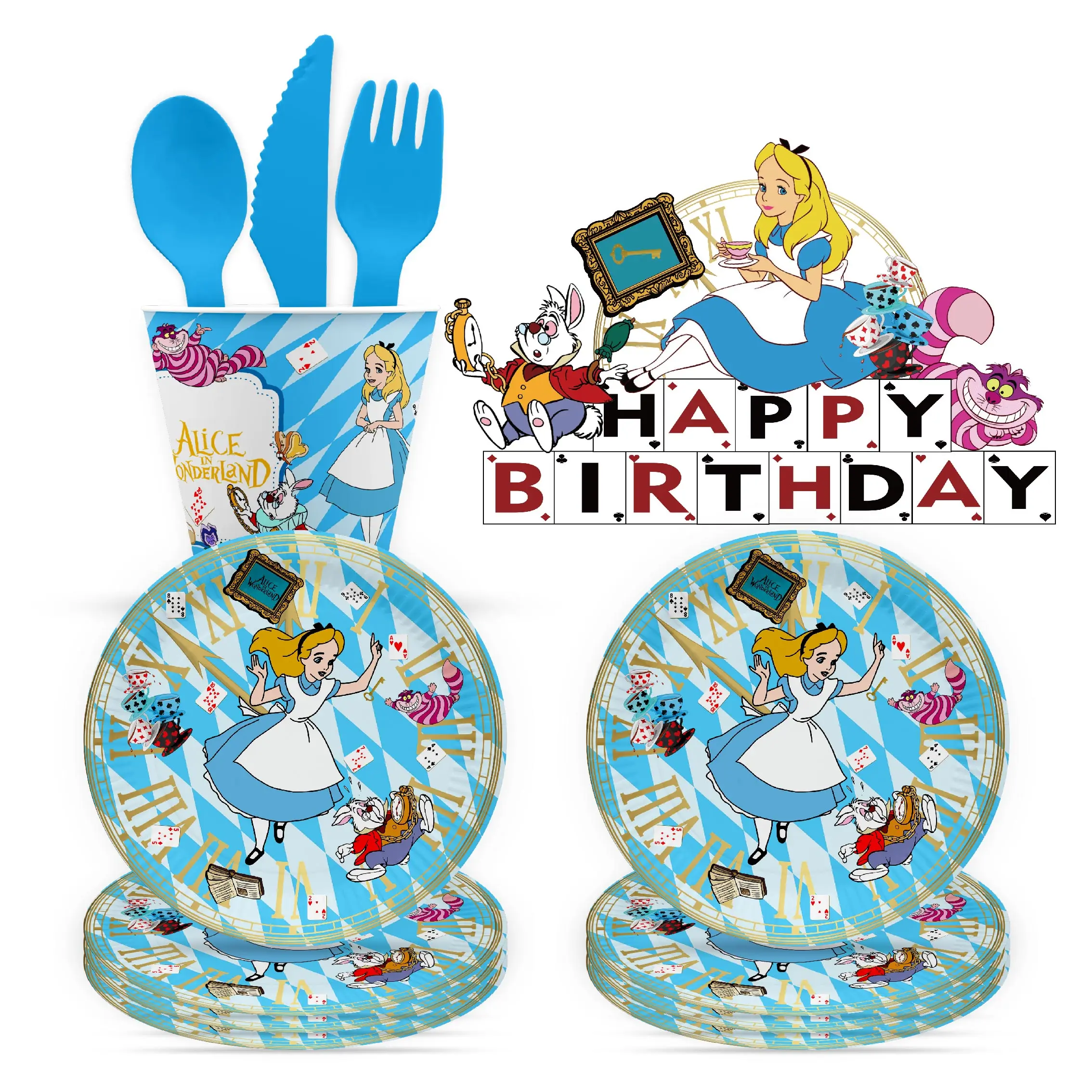 

Alice In Wonderland Theme Birthday Party Decoration Disposable Tableware Plates Cups Balloons Background Baby Shower Kids Gifts