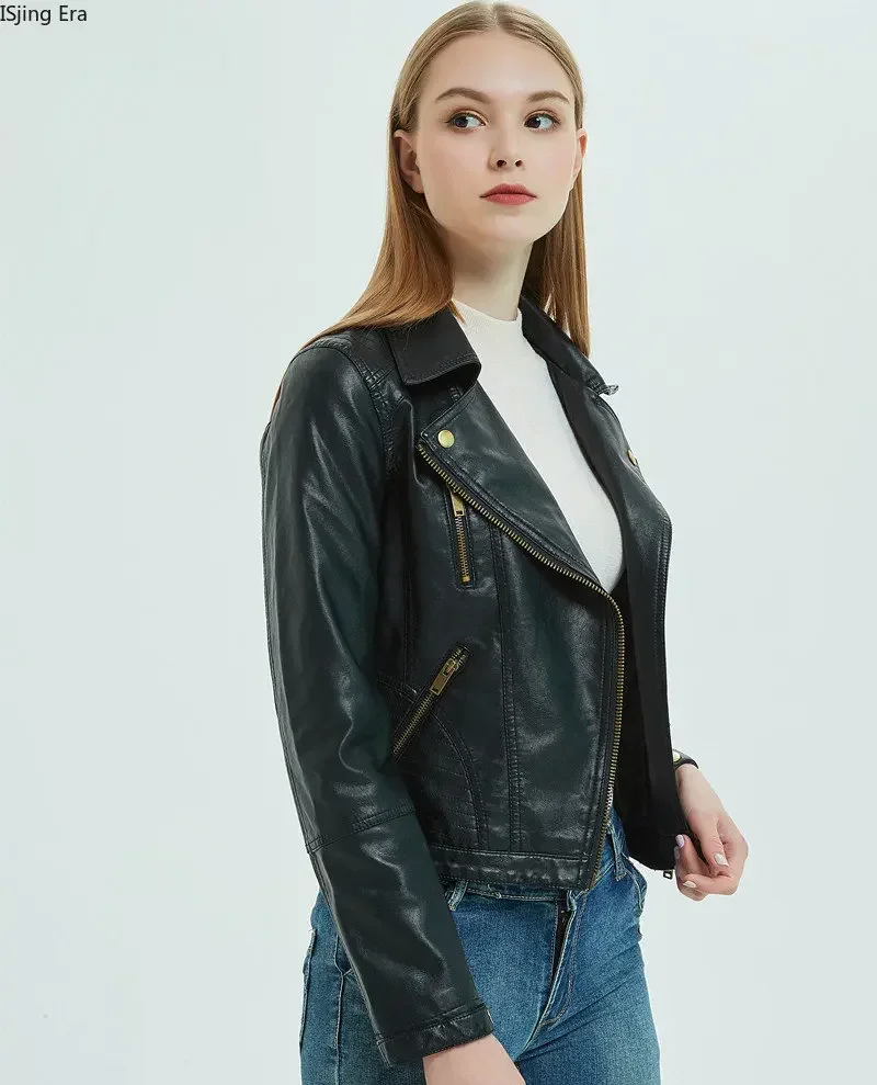 2023 Leather Women Short Fit PU Polo Collar Fashion Small Leather Motorcycle Leather Jacket Q14