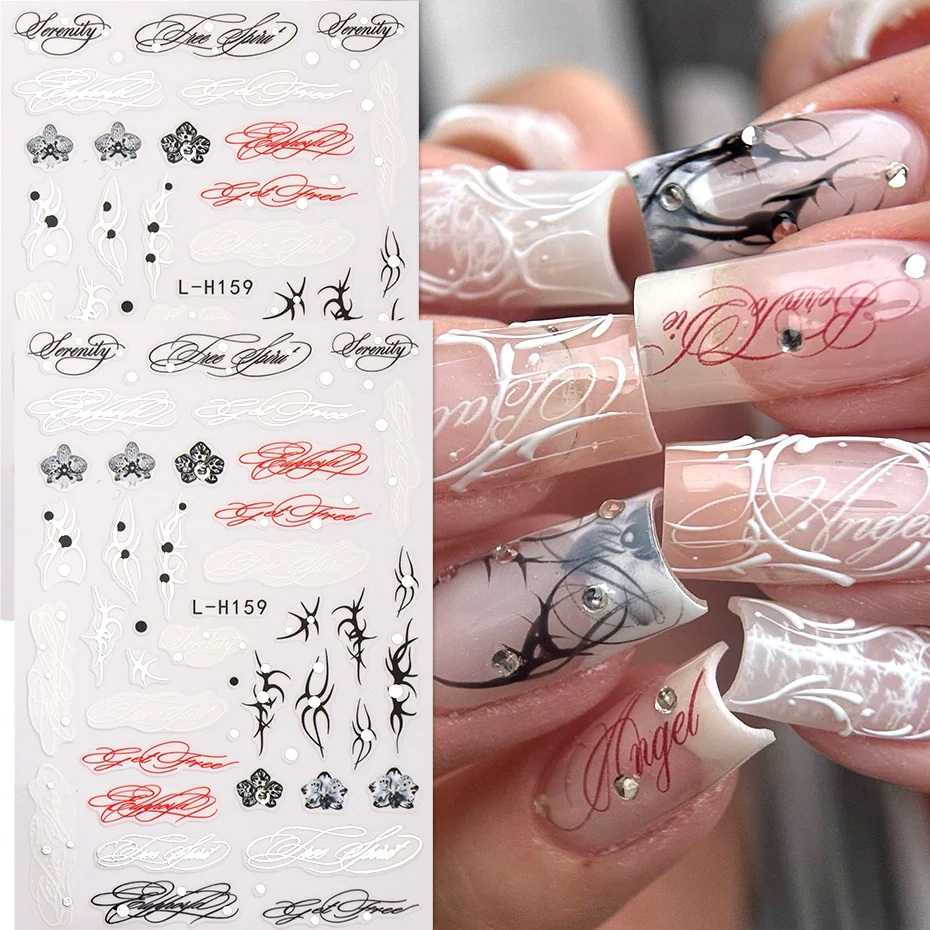 English Script Ltalic Letter Nail Art Stickers Black Silvery Thorns Cyber Nail Decals Self-Adhesive Sliders DIY Nail Supplies