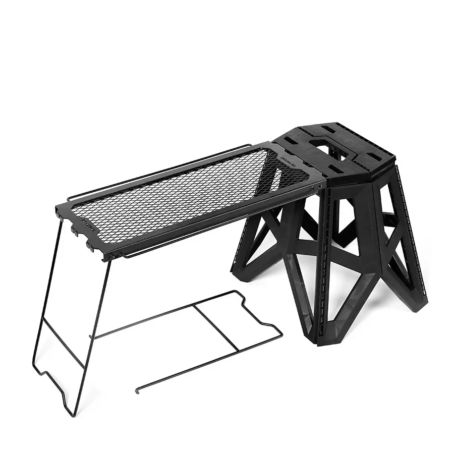 Camping Stool And Table, Folding Table Metal Mesh Desktop Storage Rack, Collapsible Stool Folding Stool For Outdoor